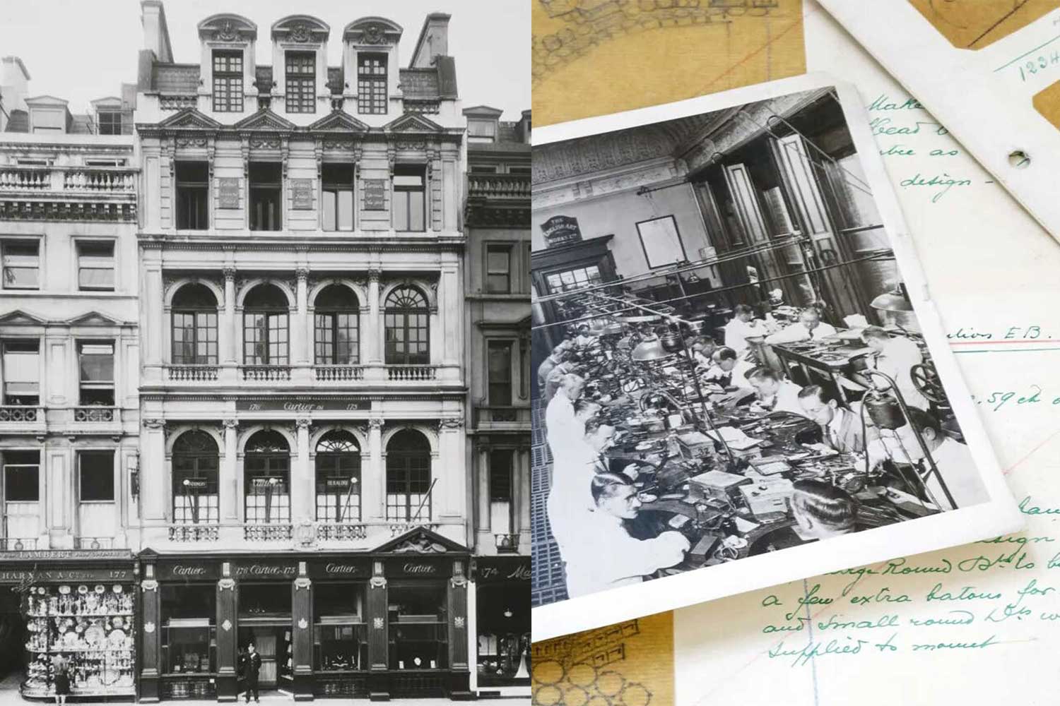 Left to right: Cartier London flagship at 175-176 Bond Street in the early 1900s before it acquired No. 177 on its left; The English Artworks workshop seen here in 1930 was the engine that produced watch and jewelry works of art for Cartier London. (Images: Cartier)