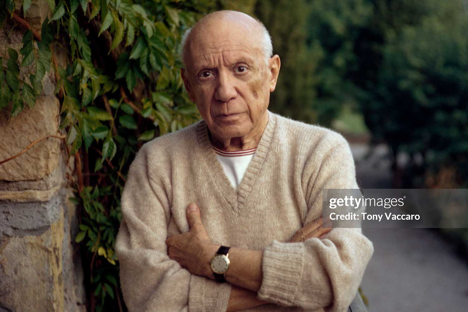 Pablo Picasso wearing the unique Picasso-dial watch, 1966 (Photo by Tony Vaccaro / Getty Images)