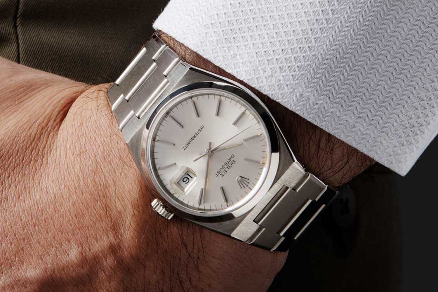 On the wrist, the earliest Rolex Oysterquartz, the Mk1 17000 that had a movement, which had not been sent to COSC (Image: Revolution©)