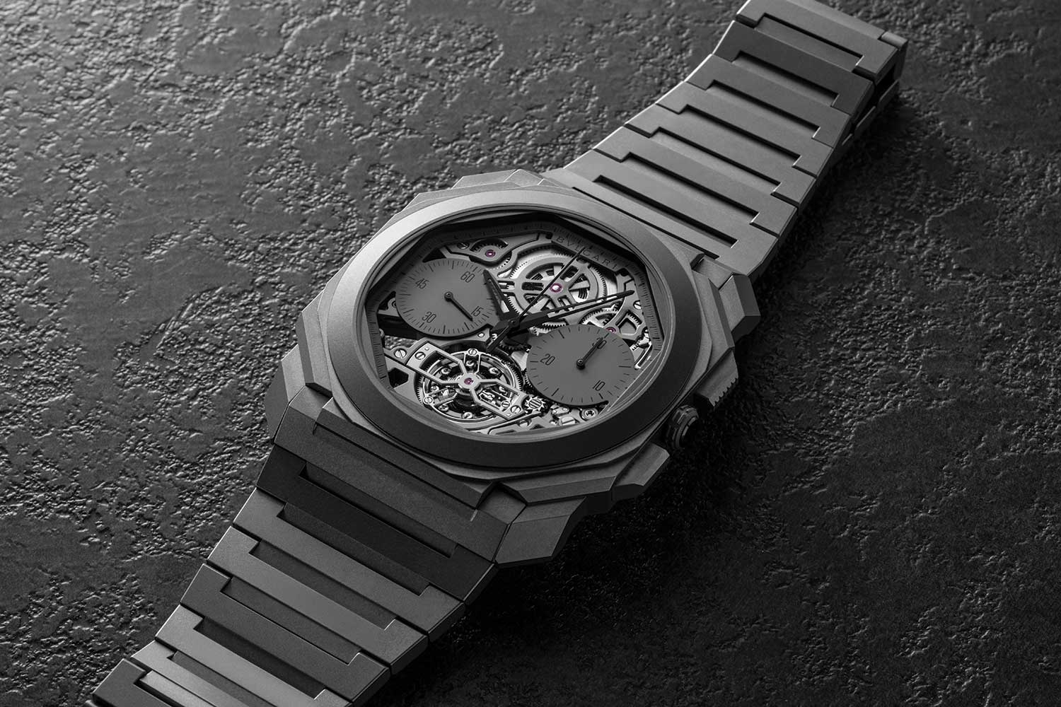 2020: Octo Finissimo Tourbillon Chronograph Skeleton Automatic features Bvlgari’s record breaking chronograph, now in a two-counter display, as well as a tourbillon at six o’clock
