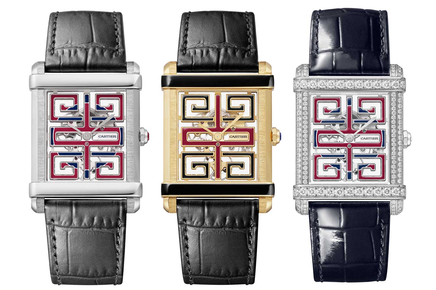 (From left) Cartier Privé Tank Chinoise with an open-worked dial in platinum, yellow gold and diamond-set platinum