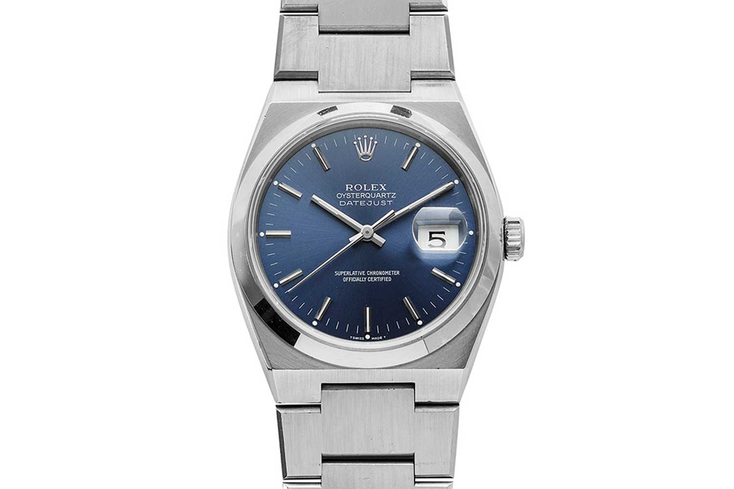 The Mk2 Rolex Oysterquartz 17000's dial reads: ROLEX OYSTERQUARTZ DATEJUST on the top half and SUPERLATIVE CHRONOMETER OFFICIALLY CERTIFIED on the bottom half, because these were fitted with movements that were sent to COSC for certification (Image: Revolution©)