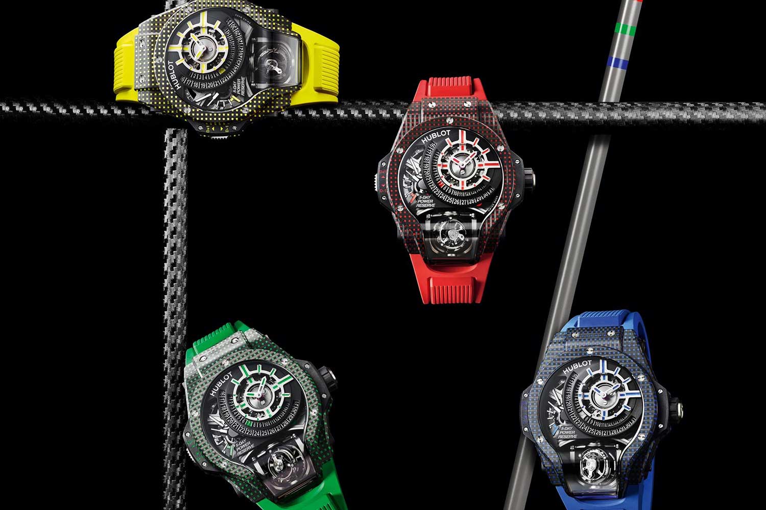 Hublot MP-09 Tourbillon Bi-Axis in black 3D carbon in Red, Yellow, Blue and Green