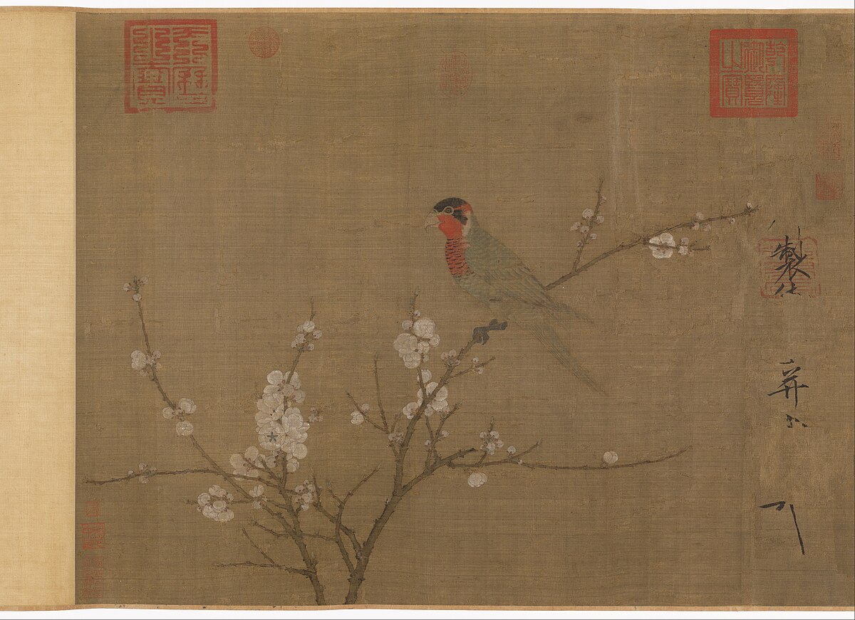 Five-colored parakeet on a blossoming apricot tree by Emperor Huizong