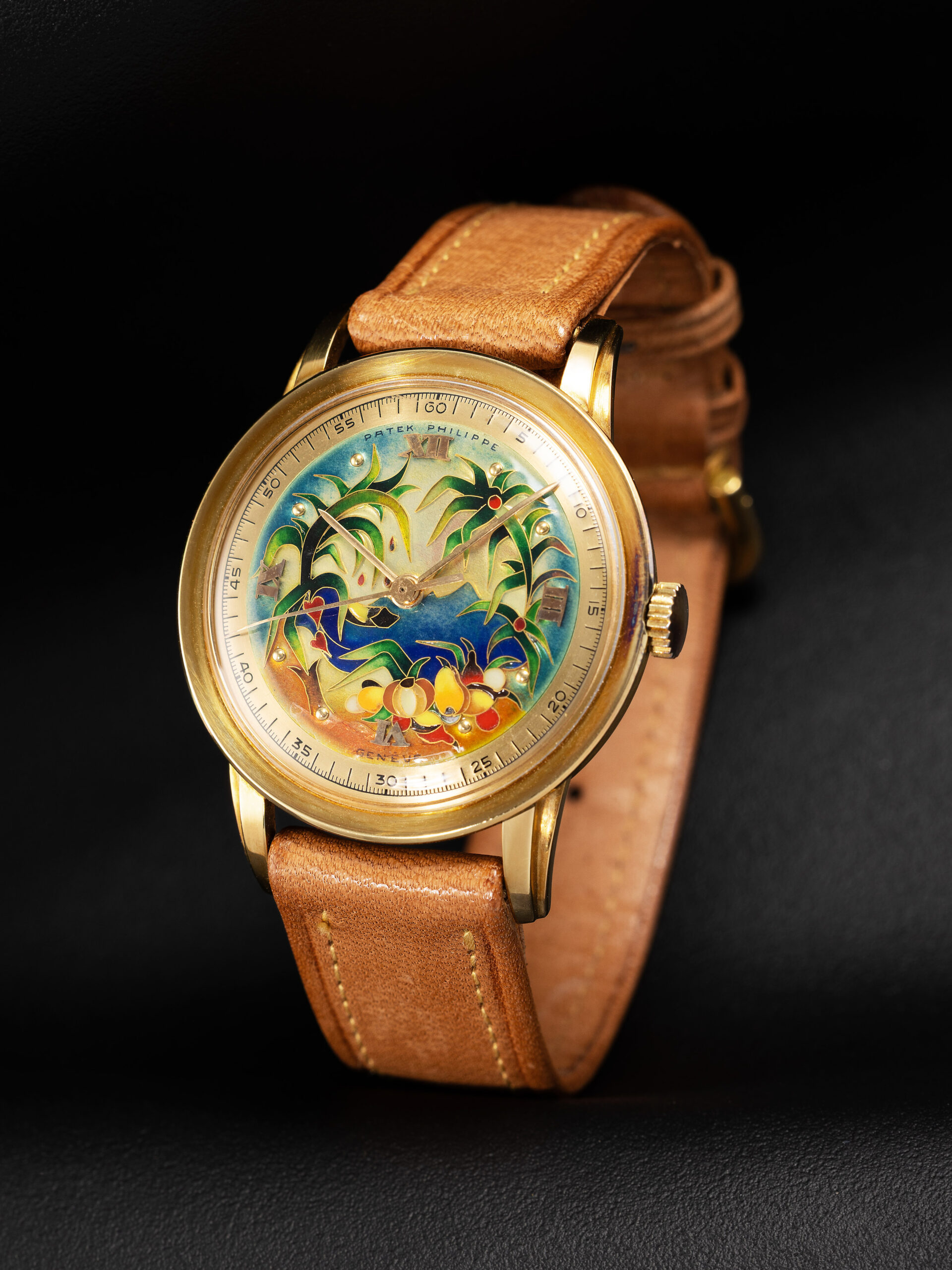 Patek Philippe 2481 watch with tropical rainforest cloisonné enamel dial on light brown leather strap