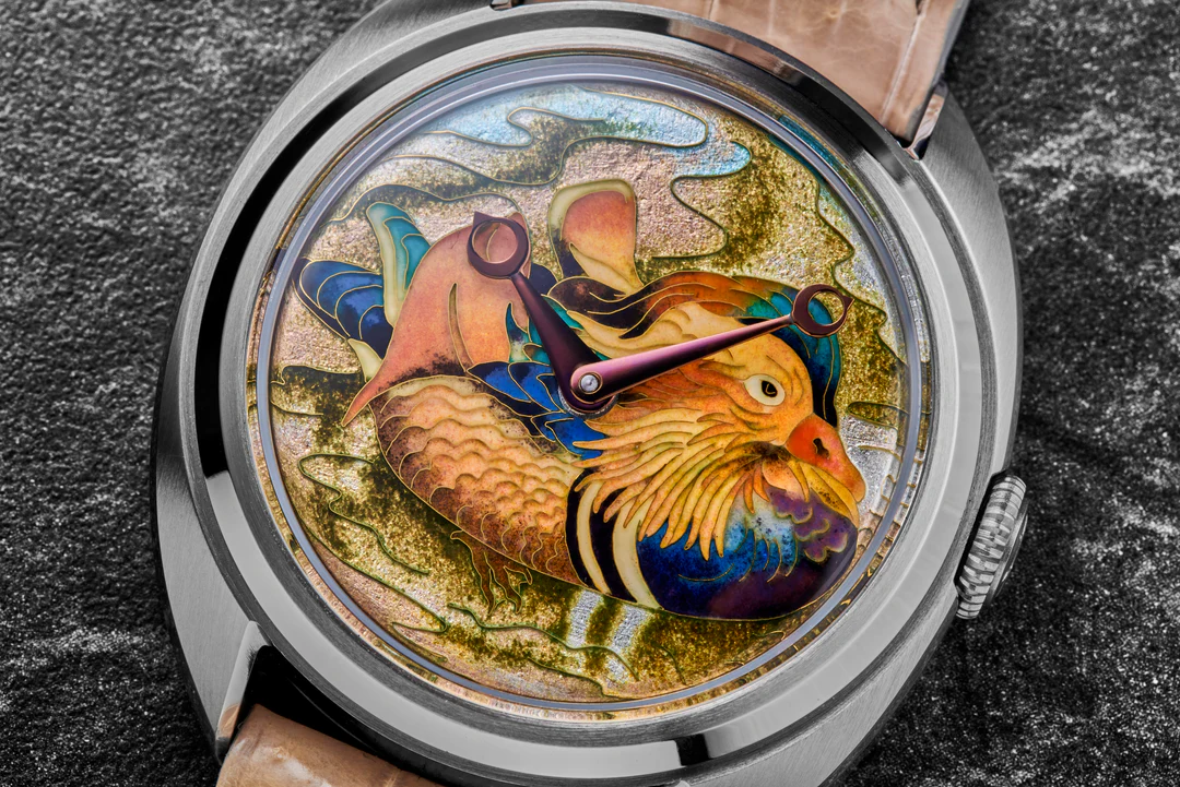 The Celadon Century Cloisonn&eacute; &ldquo;Mandarin Duck&rdquo; is housed in a 42mm case, highlighting a beautifully crafted cloisonn&eacute; enamel dial